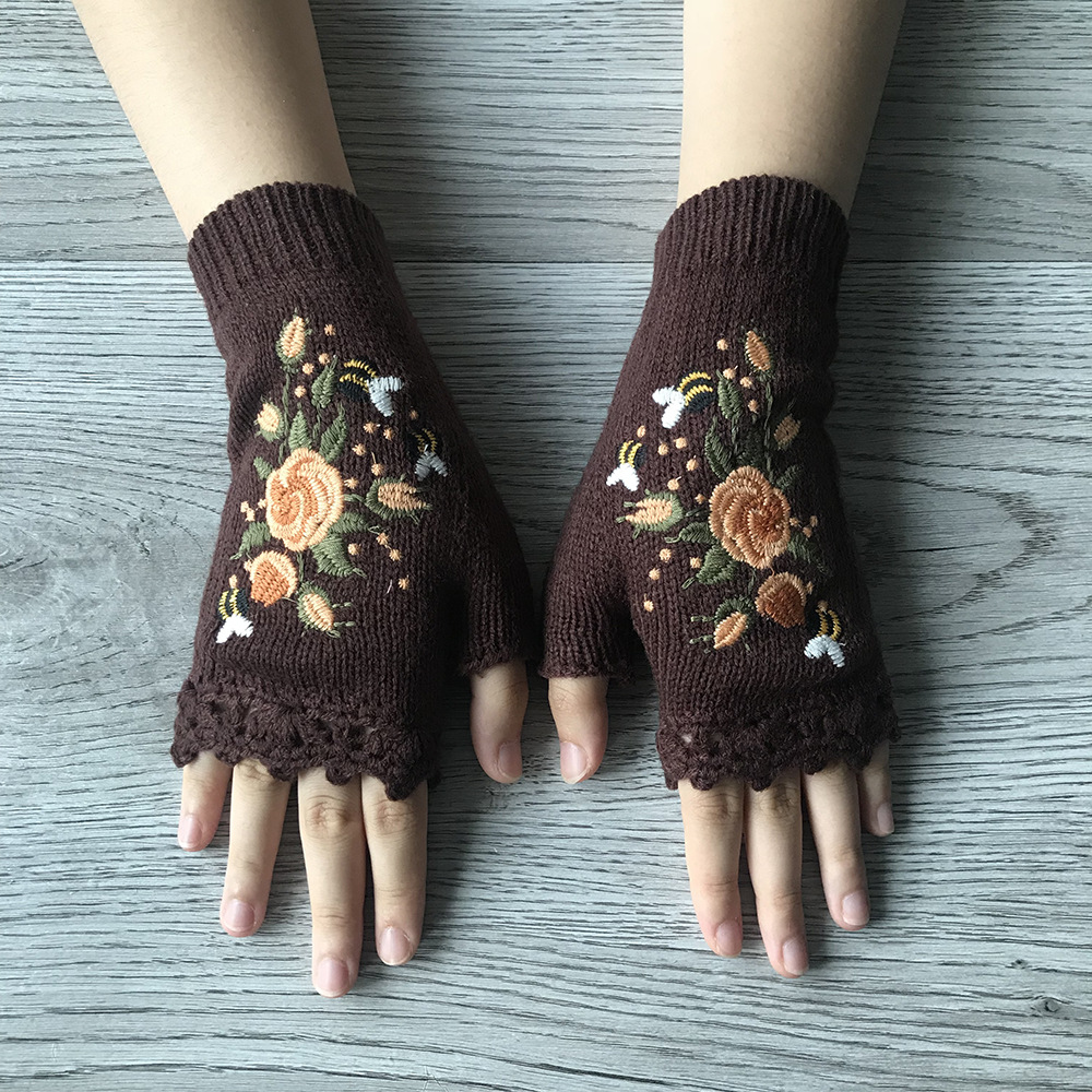 Picture of ins Hot Selling Autumn and Winter Women's Warm Wool Half-Finger Gloves Bee Small Flower Embroidered Knitted Gloves