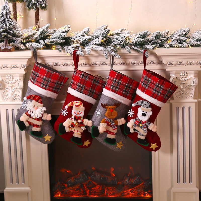 Large Flower Plaid Christmas Doll Socks Christmas Decorations Kidsren's Gift Bag Candy Socks Gift Bag