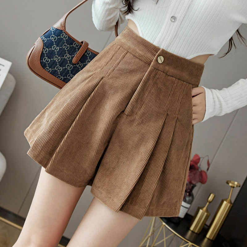 Corduroy Autumn and Winter Shorts Women's Loose 2025 K-Style New High-Waisted A-Line Wide-Leg Boot Pants Casual Pleated Pants Skirt