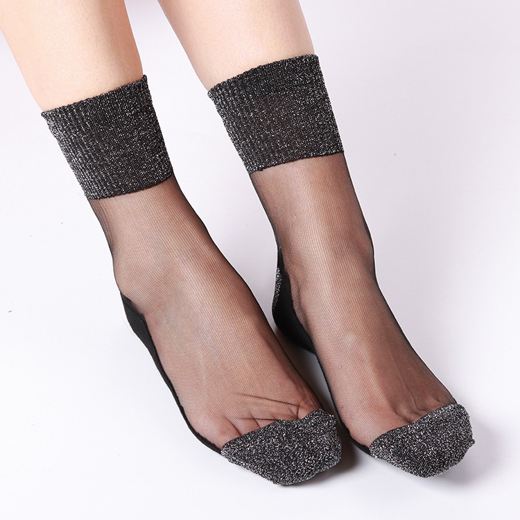 Picture of Independent packaging crystal stockings tube spring and autumn new ladies silver socks cotton bottom socks wholesale skin-transparent women's socks
