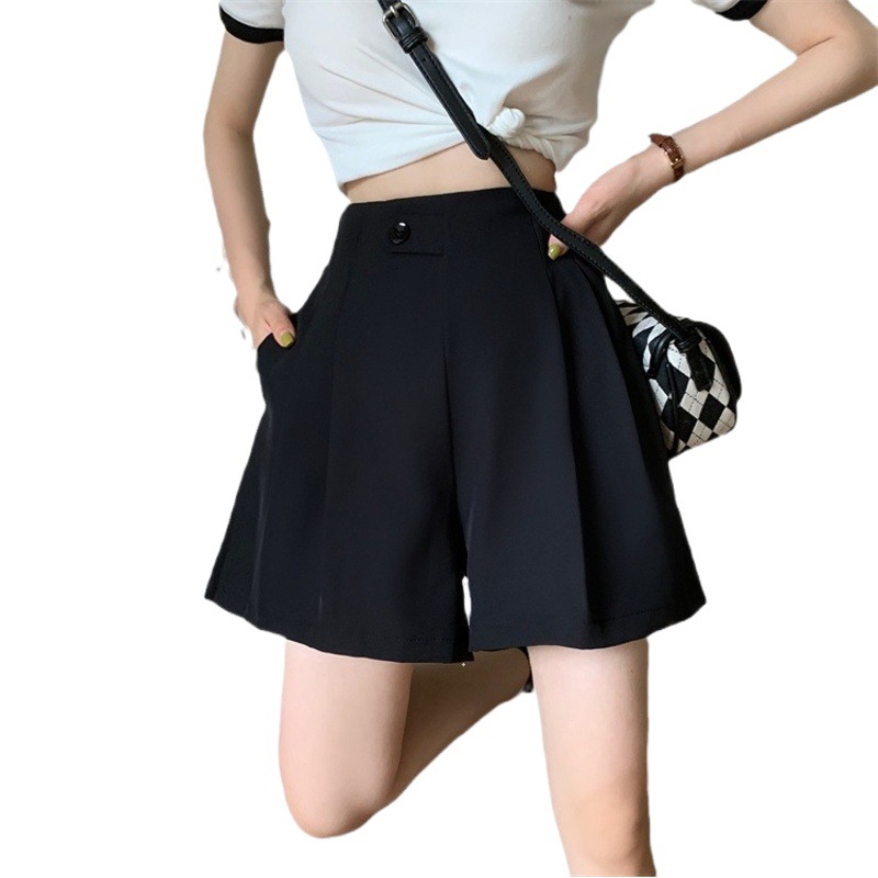 Summer Thin Women's Wear High Waist Slimming Small Loose Straight Wide Leg A- Shirt Shorts Black Casual Pants