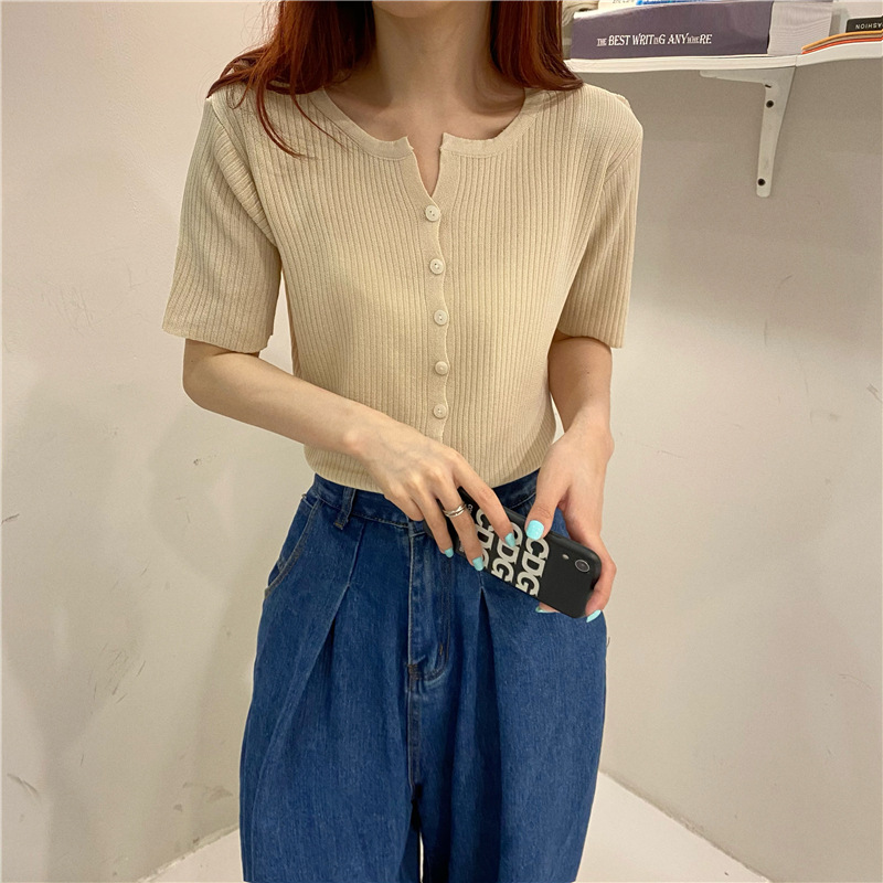 Picture of Summer 2025 New Knitwear Women's Korean Style Thin Bottoming Shirt Pure Color Slimming Look Versatile Single-Breasted Short-Sleeved Top
