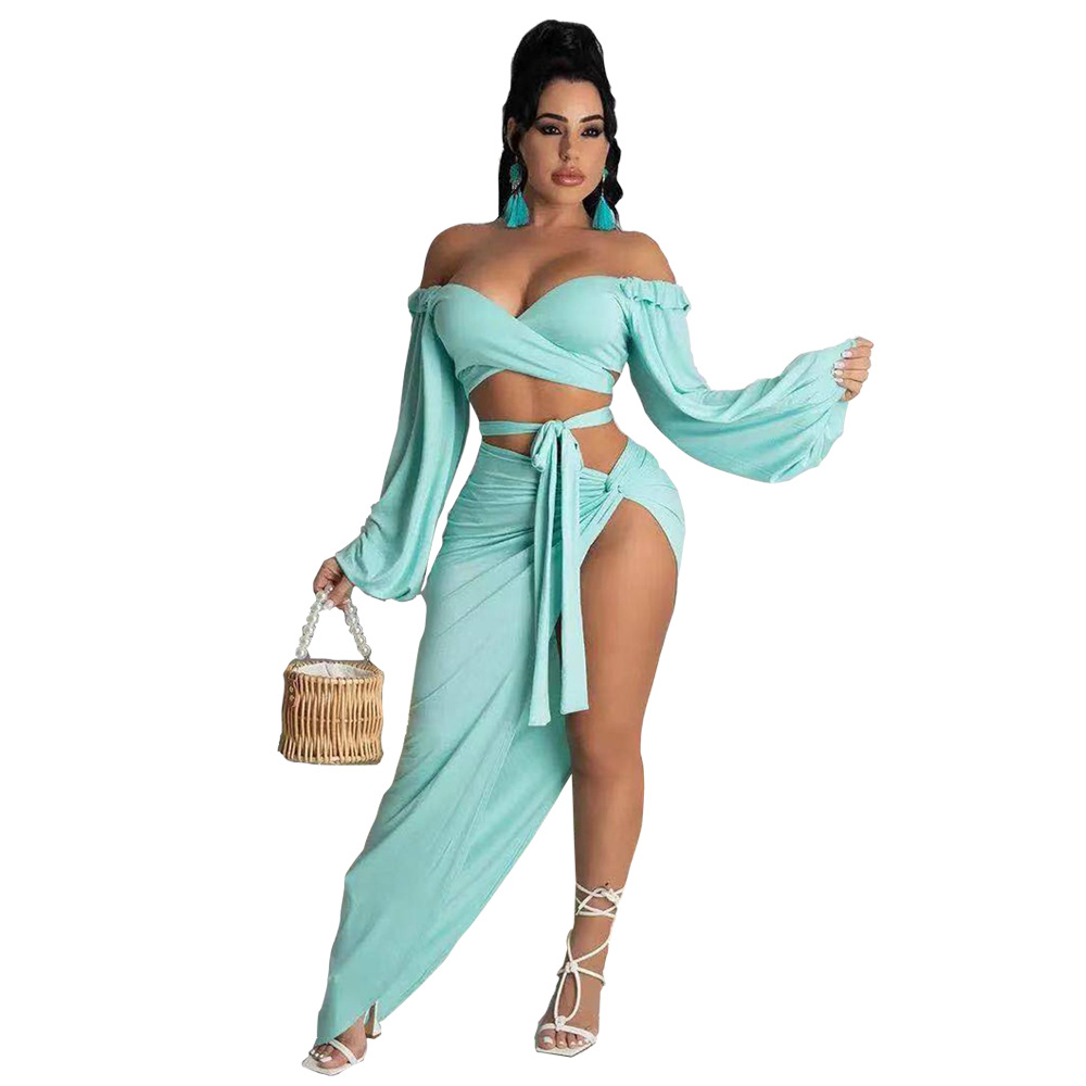 Picture of 2021 Summer Elegant Commuter Green Long Sleeve Chest Wrap Knitted Fashion Loose Solid Color Dress BQ19186