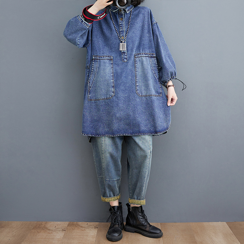 Picture of Spring and Autumn New Denim shirt skirt plus size distressed retro top drawstring large pocket loose meat covering dress