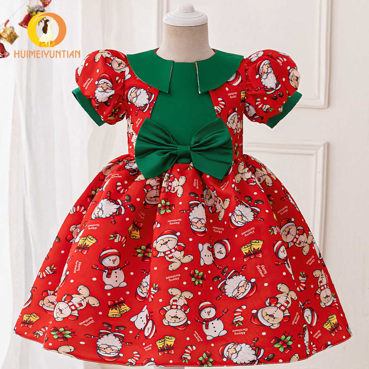 2025 New Girls Dress Santa Claus Snowflake Children's Dress Cartoon Print Princess Dress Christmas Performance Dress