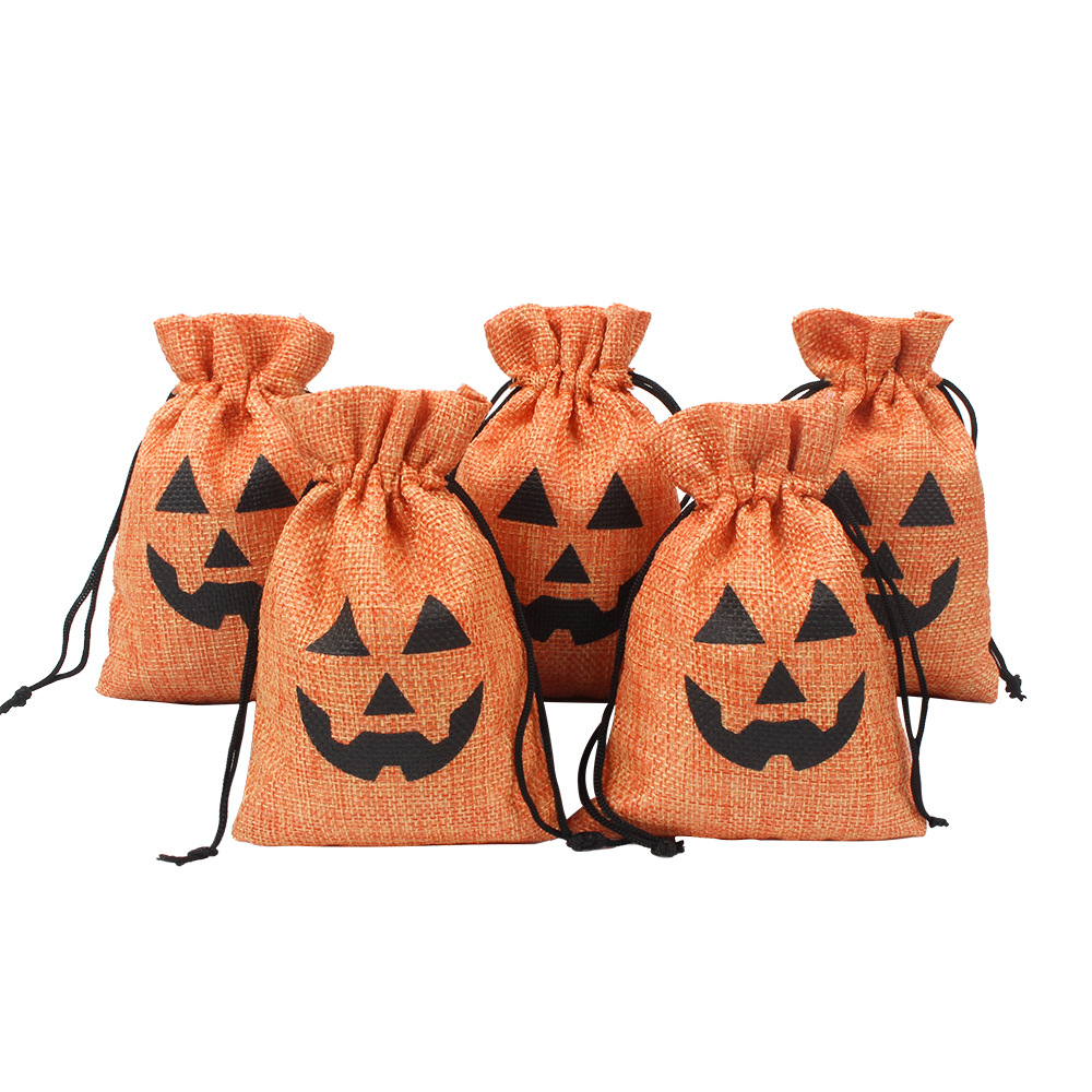 Factory in stock Halloween pumpkin bag bunted linen drawstring candy bag 10*14CM pumpkin lantern linen bag