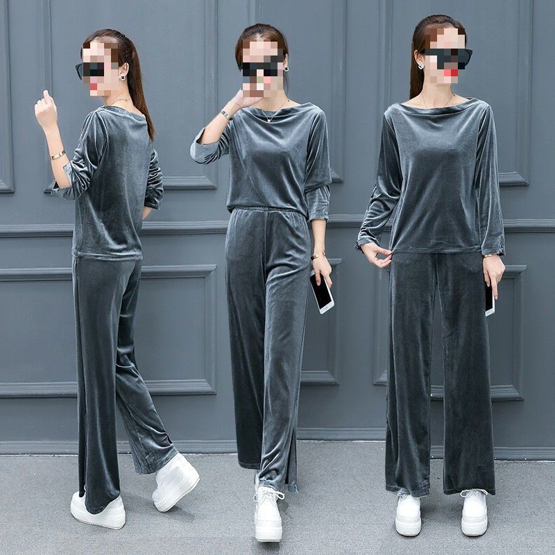 2022 autumn and winter new women's off-neck split wide-leg pants sportswear Spring and Autumn plus size long sleeve casual suit