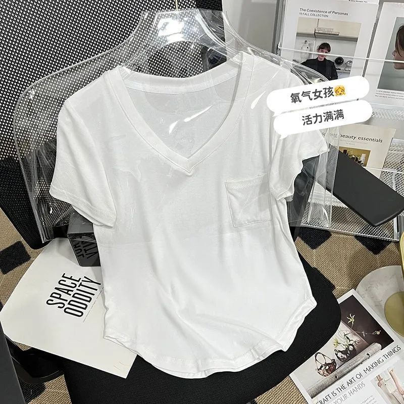 Modal Cotton Draped Collarbone T-shirt Women's Summer White Loose Korean-style Base Shirt Short-sleeved Casual V-neck Top