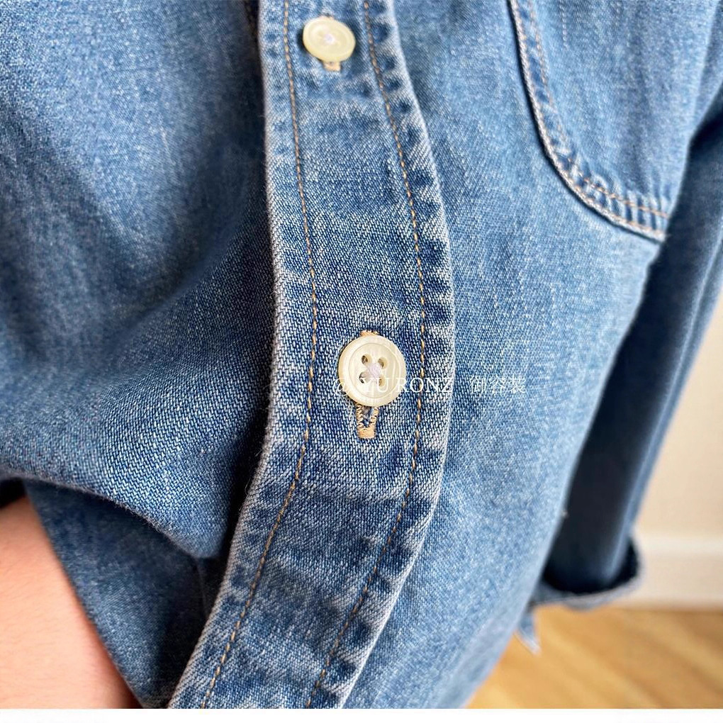 Picture of Blogger Accent ~ Fashionable, Simple and Versatile High-End Embroidered Flap Pocket Pants Cotton Short Denim Shirt for Women 2025 Spring & Fall Style