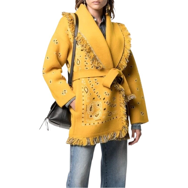 Foreign Trade Autumn and Winter New Bohemian Sweater Coat Niche Dopamine Yellow Jacquard Wool Tassel Cardigan Women
