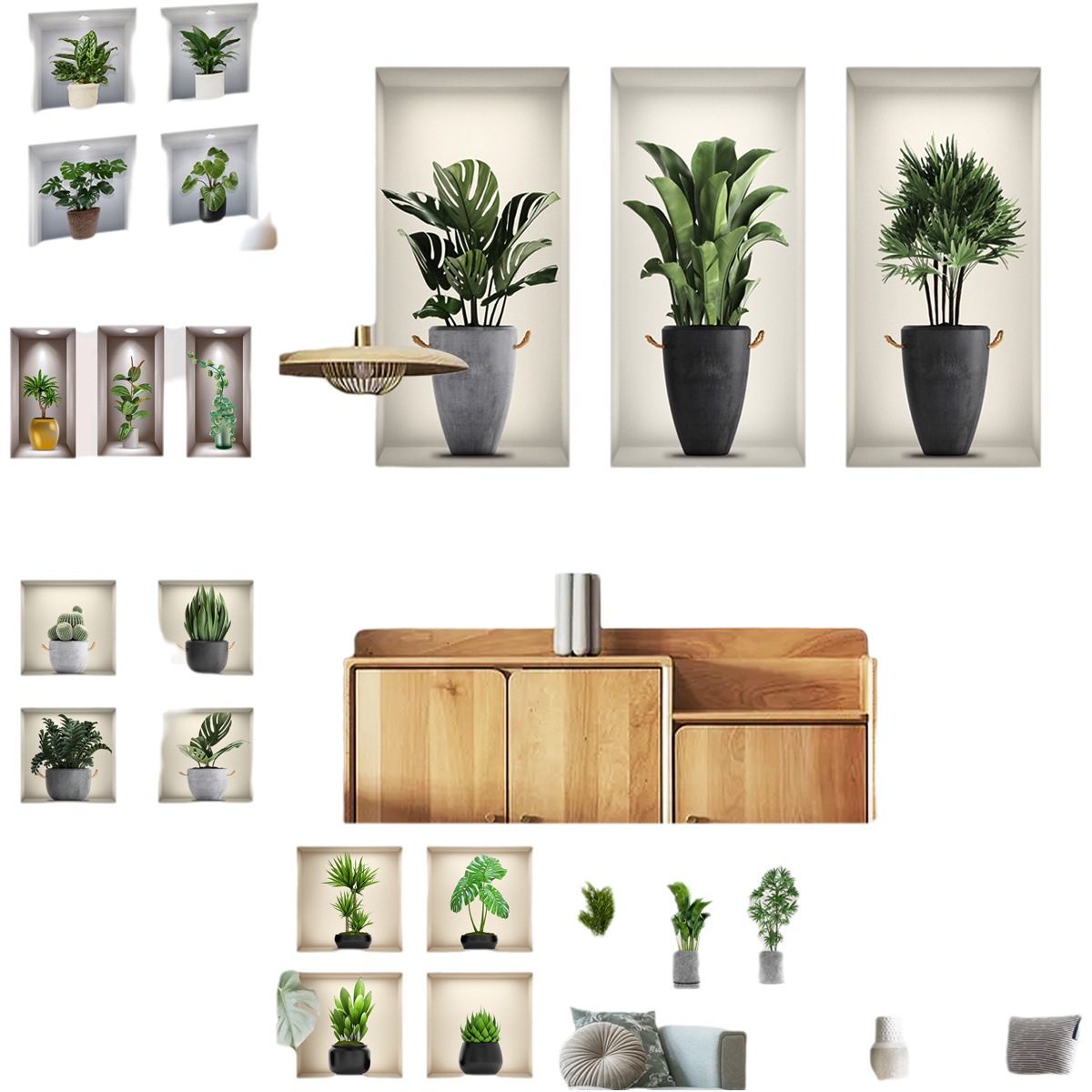 One meter wall stickers 3d three-dimensional potted plants green plants flower triptych living room porch decorative wall hole repair stickers