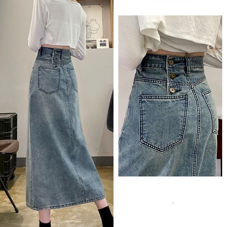 Western Style Vintage Washed Blue 2023 Autumn New High Waist Slimming Three Button Design Split Denim Skirt for Women
