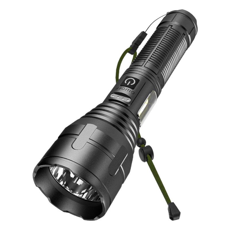 Cross-border new strong flashlight power display fixed focus USB input and output COB side light aluminum alloy flashlight