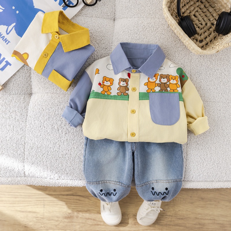 Children's clothing spring new boys color matching lapel shirt long sleeve suit boys casual Denim trousers two-piece set