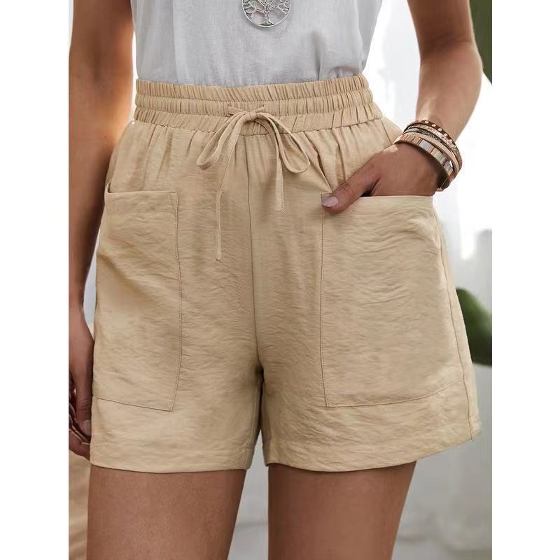 Picture of European and American Cross-Border Wish Summer Women's Popular Linen Texture Casual Shorts with Pockets, Solid Color, Plus Size, High-Waisted Wide-Leg Pants