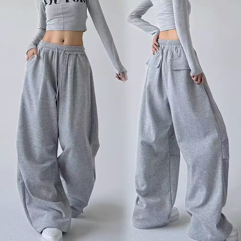 American-Style Gray Hip-Hop Wide-Leg Straight Floor-Length Pants for Women, Jazz Drape, Lazy Style, Loose Casual Sports Sweatpants