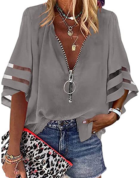 Picture of 2025 European and American Amazon New V-neck Zipper Shirt Half Horn Sleeve Mesh Stitching Loose Casual Shirt Women