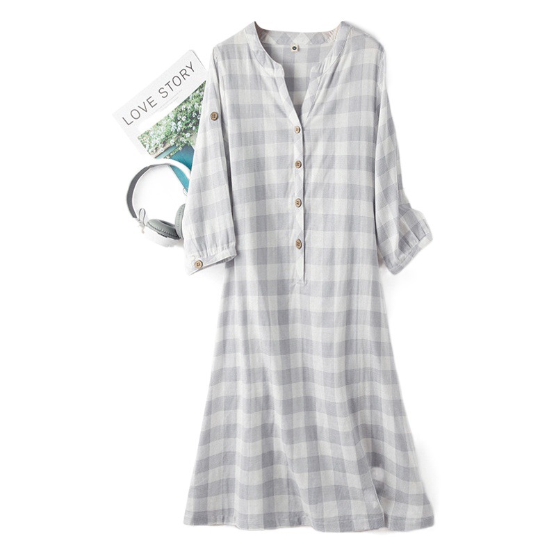Spring and summer cotton double gauze ladies no print big grid good 7 sleeve nightgown a generation of wholesale cross-border