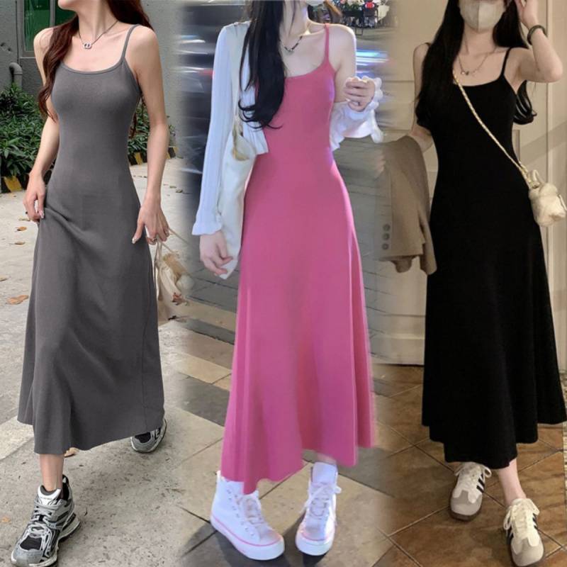 2025 New Rose Red Suspender Dress Women's Summer Slim Hot Girl Outerwear Waist Slimming Long Skirt