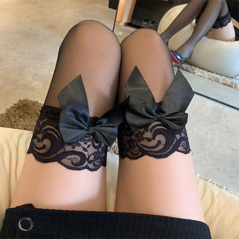 Sexy skin color bowknot transparent black stockings spring and summer thin pure lace over-the-knee socks Internet celebrity royal sister style