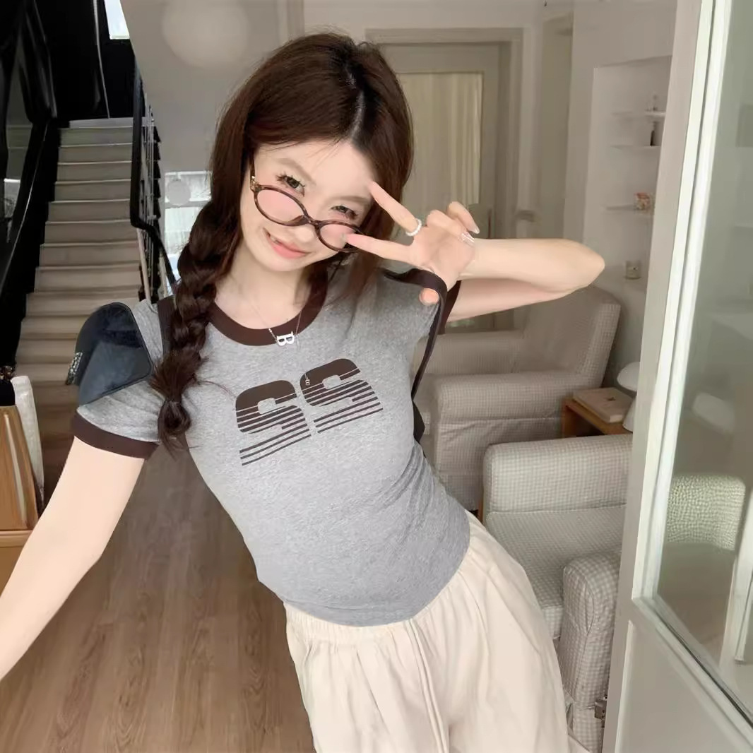 American Letter Printed Short-Sleeved T-Shirt for Women 2025 Summer New Sexy Retro Short Student Slim Top Trendy