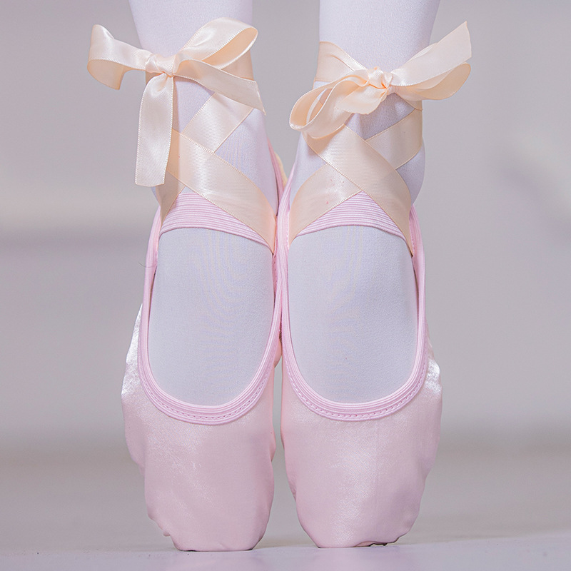 Picture of Ribbon ballet shoes toe indoor yoga practice shoes lace-up body shoes adult satin dance soft bottom two soles