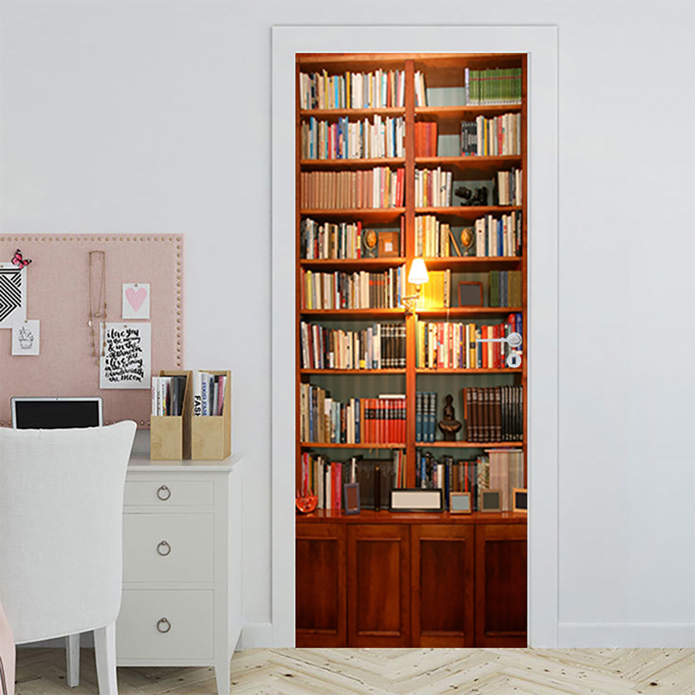 Shangyi retro 3D bookshelf entrance door wardrobe decorative wall stickers self-adhesive bathroom door renovation factory wholesale door stickers