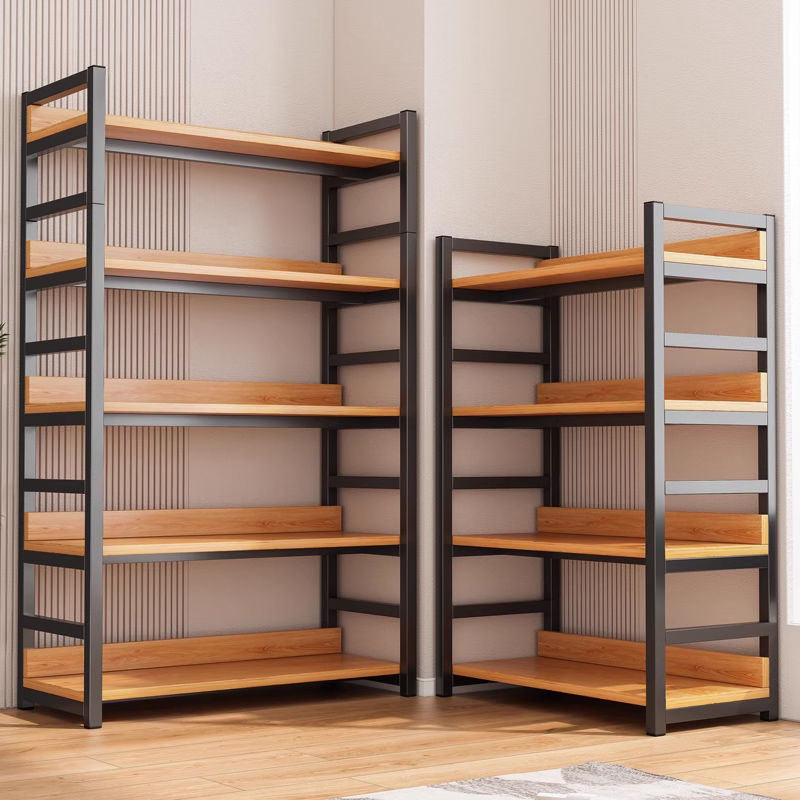 Steel-Wood Bookshelf Floor-Standing Storage Rack Household Steel-Wood Multi-Layer Storage Bookcase Living Room Storage Rack Floor-Standing Multi-Layer