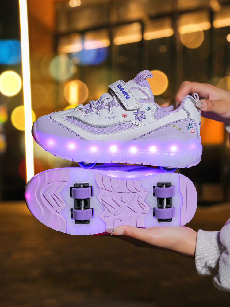 Children's heloo shoes colorful lights sports pulley shoes girls four-wheel double mesh breathable skates support cross-border