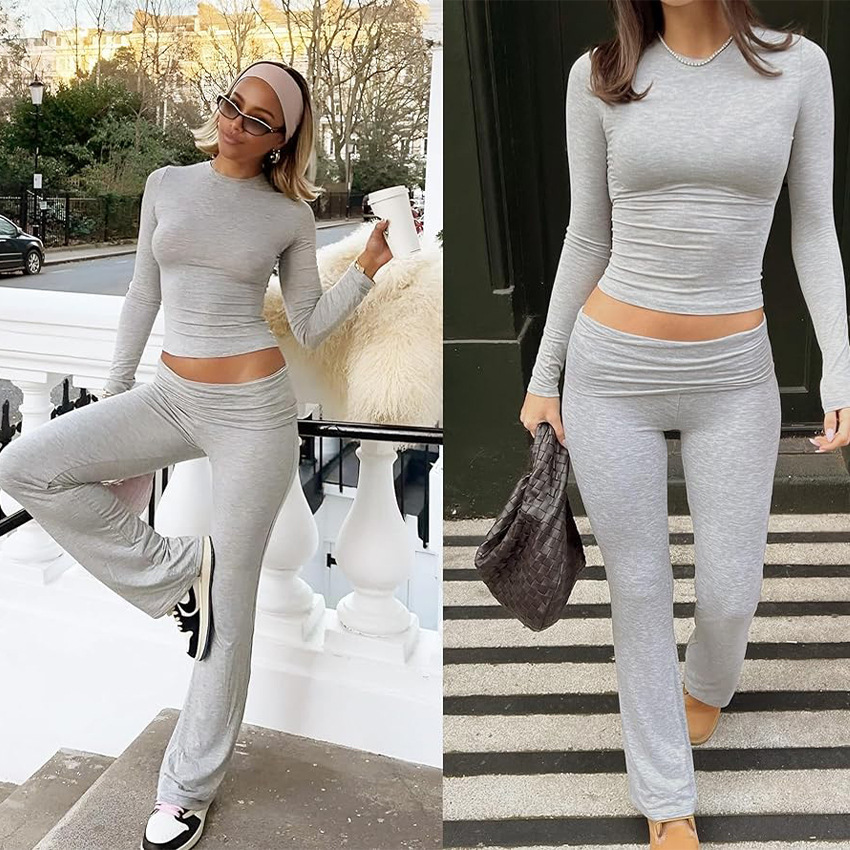 Amazon European and American Clothing Modal High-End Bell-Bottom Tight Long-Sleeved Top Suit Autumn and Winter Two-Piece Women's Clothing Set