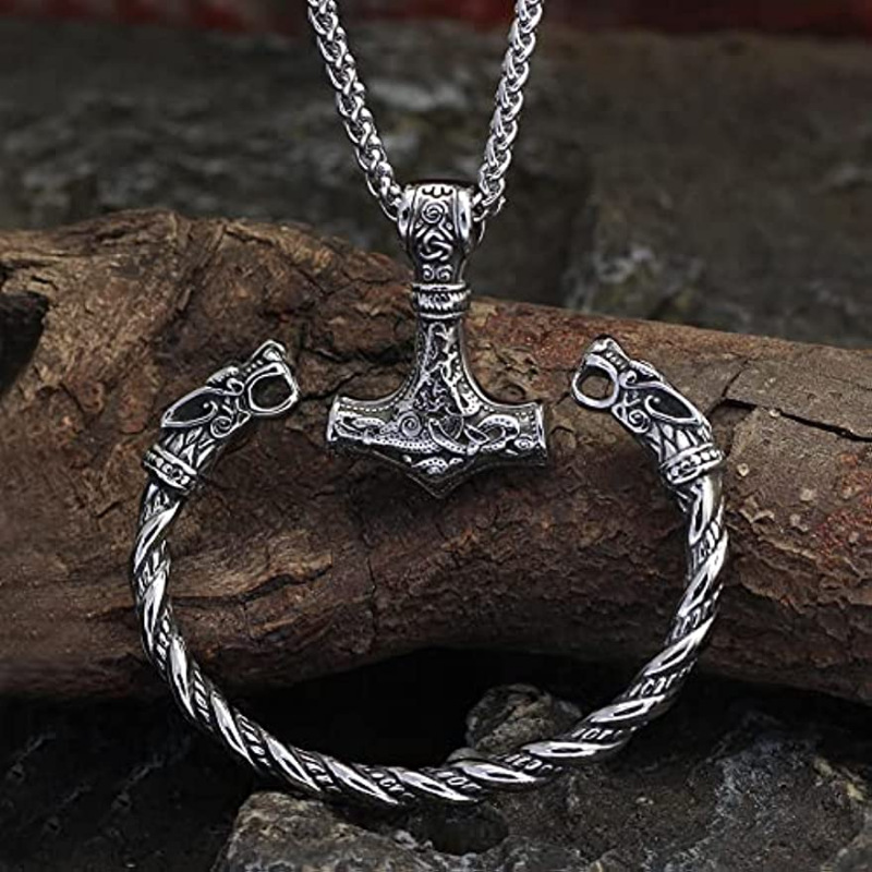 Picture of European and American Cross-border Explosions Viking Retro Rune Hammer Necklace Wolf Head Bracelet Viking suit Jewelry Accessories Wholesale