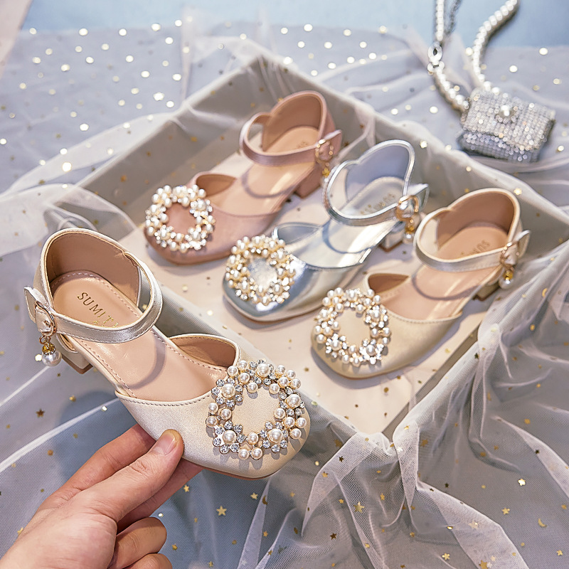 Girls' Princess Sandals 2024 Summer Fashion Stylish Children's Shoes with Baotou High Heeled apricot Single-layer Shoes with Soft Sole