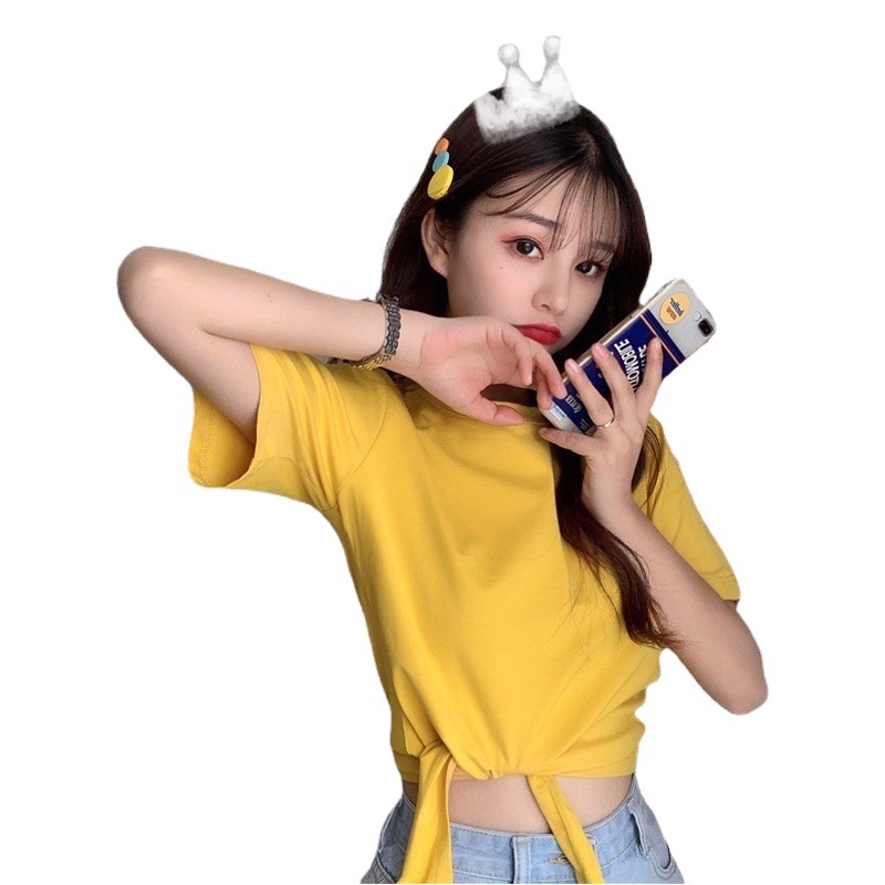 2025 Summer Cross-border Korean Fashion High Waist Short Style Hyun Ya Style Short Sleeve Solid Color Cauty Design T-shirt for Women