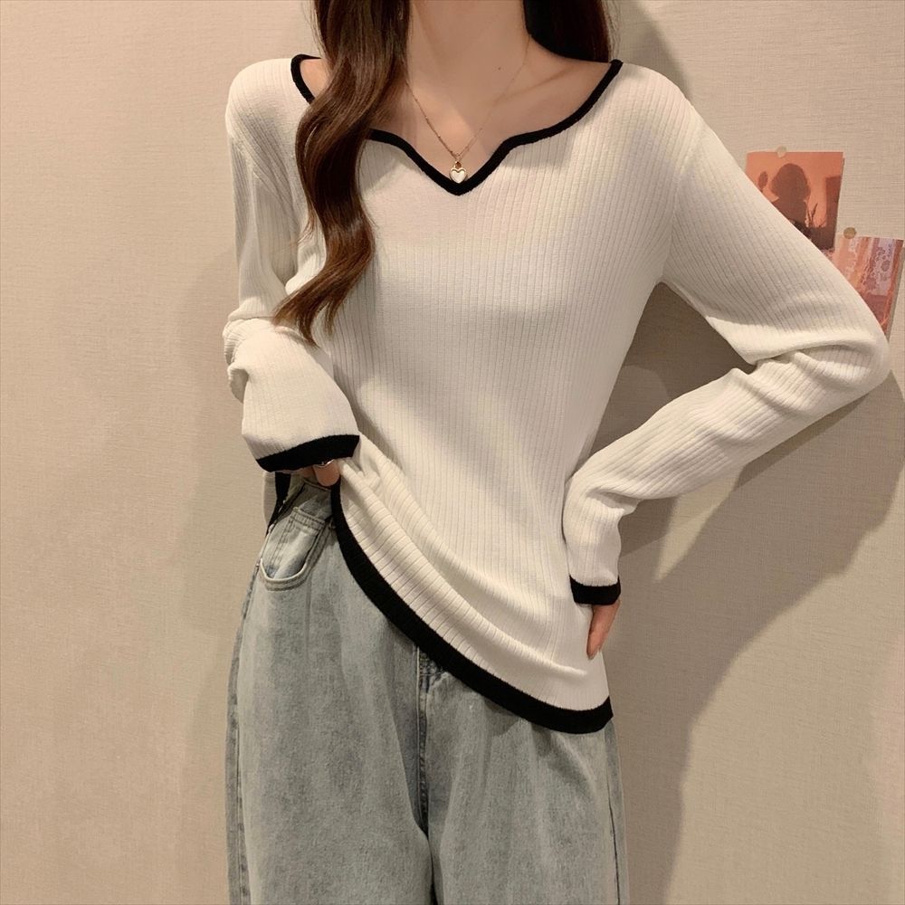 Picture of Large Size Sweater Women's 2022 New Autumn Design Contrasting Color Square Collar Clavicle Base Shirt Slim Shirt