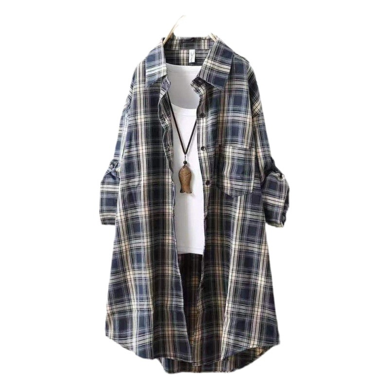 2024 Europe and the United States cross-border hot selling long plaid shirt women's long sleeve shirt spring and summer casual cardigan coat top