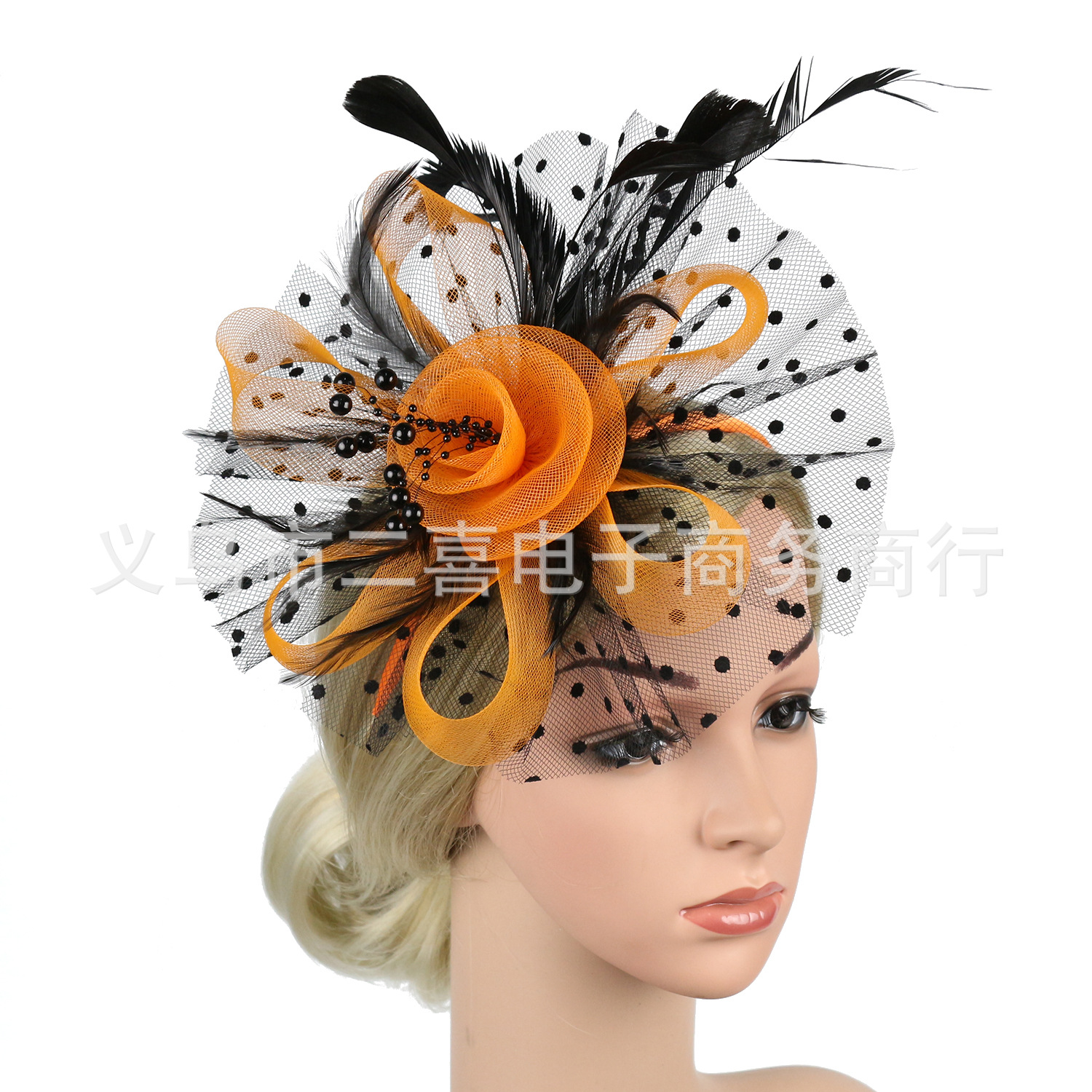 Picture of European and American Popular Amazon Feather Headdress Bridal Hair Accessories Mesh Top Hat Jockey Club Hair Accessories Hairpin Headband