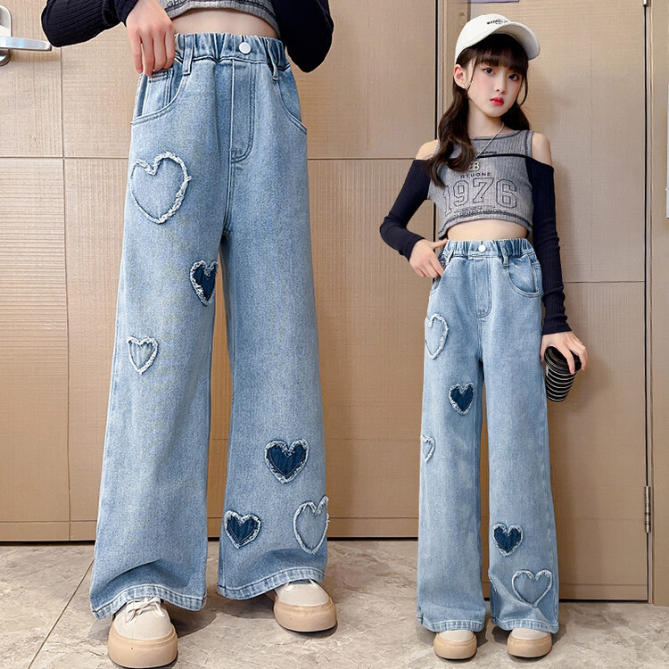 Girls' Heart-Shaped Frayed Denim Wide-Leg Pants 2023 Children's Loose Spring and Autumn Korean Style Loose Long Pants