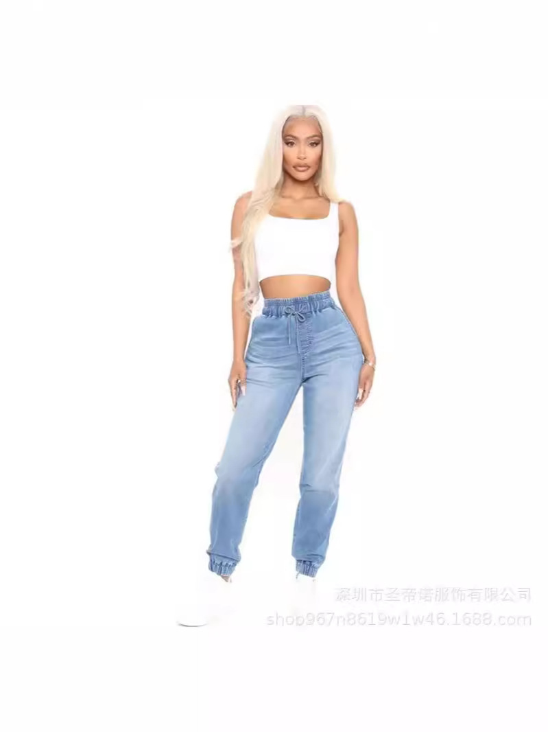 2024 new European and American Amazon elastic waist foot elastic slim version drawstring design fashion comfortable jeans