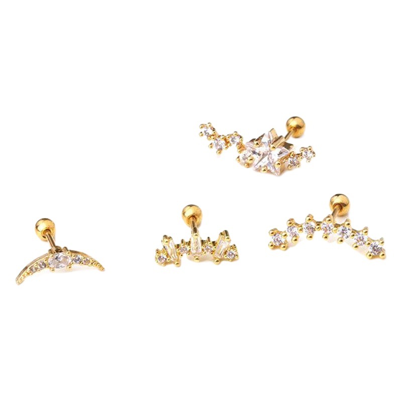 Piercing Stainless Steel Thin Rod Ear Bone Stud Five-Pointed Star Zircon Screw Stud Foreign Trade Piercing Ear Jewelry European and American Style