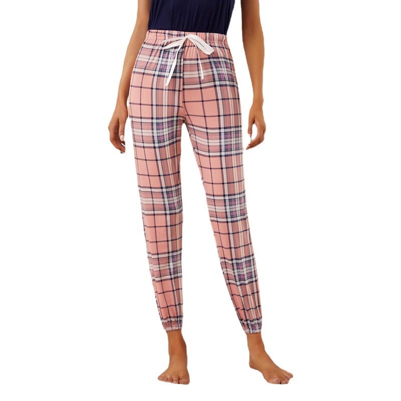 Amazon European and American Pajama Pants Women's Autumn and Winter Plaid Leg Drawstring Pants Can be Wearable Home Pants Foreign Trade Independent Station