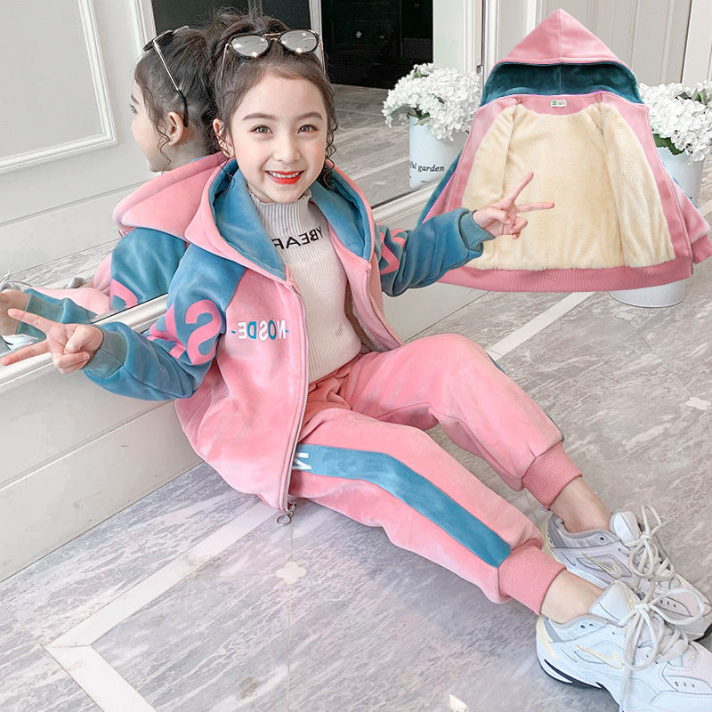 Women's children's clothing autumn and winter suit 2025 new big children's winter girls silver fox velvet foreign style two-piece fleece-lined thickened