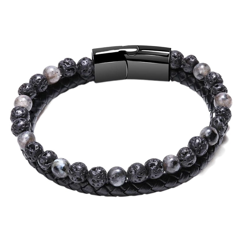 Cross-Border Simple Natural Volcanic Stone Bracelet for Men with Magnetic Clasp Woven Tiger Eye Stone Beaded Leather Rope Bracelet Jewelry