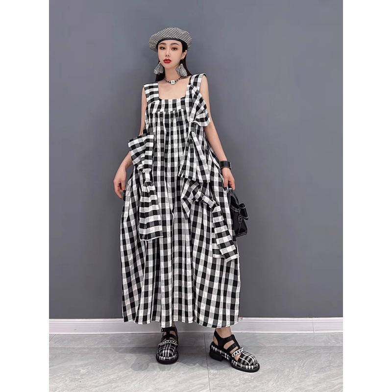 European Station 2025 Summer New Fashion dress plus size Casual Cotton and Linen Sling Plaid Elegant Women