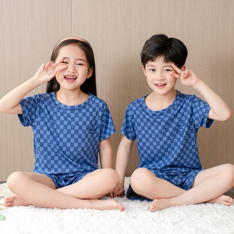 Picture of Children's pajamas boys' summer thin ice silk short-sleeved homewear boys' middle and big children girls' summer homewear