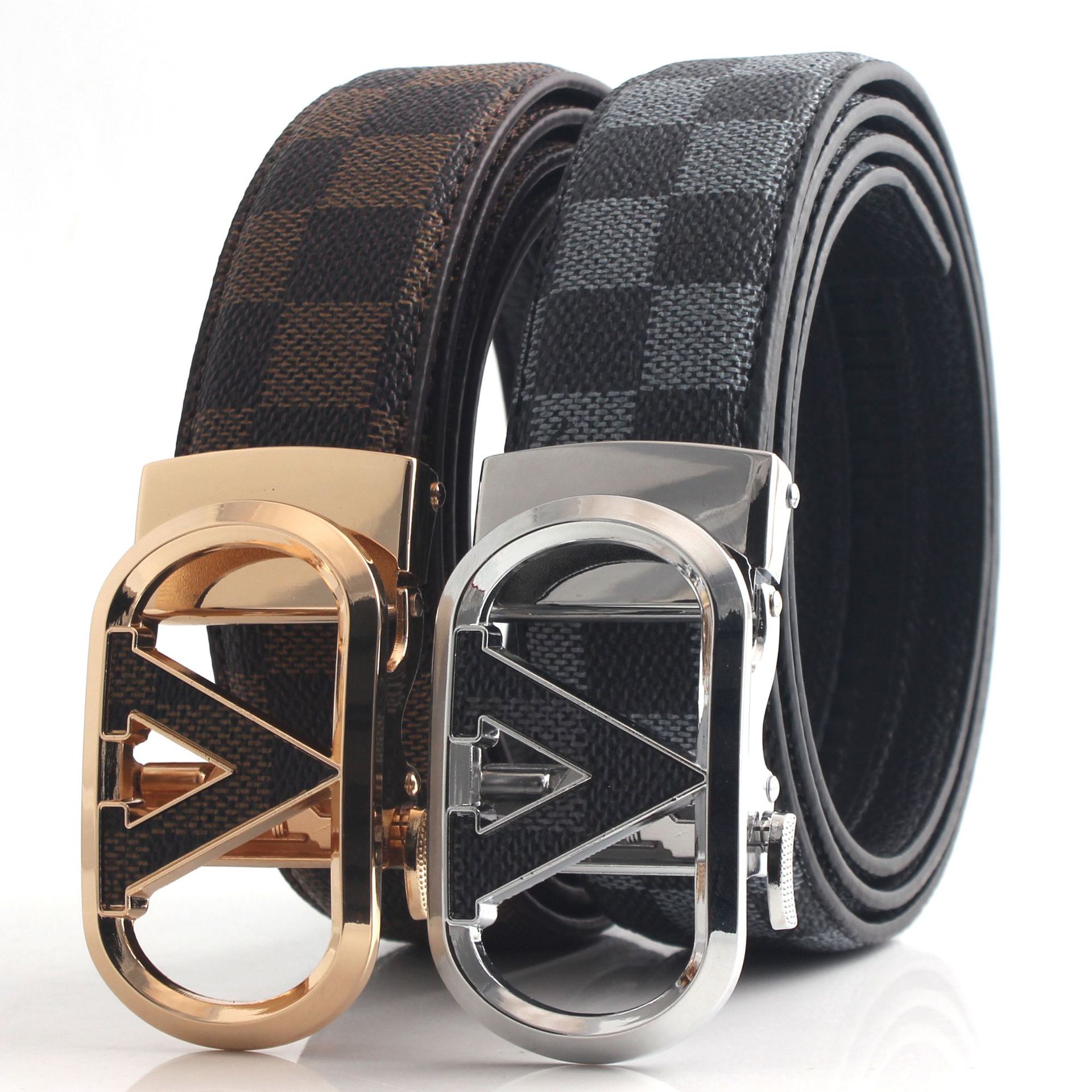 Hongsheng Belt Men's V-Back Leather Plaid Genuine Leather Automatic Buckle Fashion Belt Casual Plaid Belt Versatile Trouser Belt