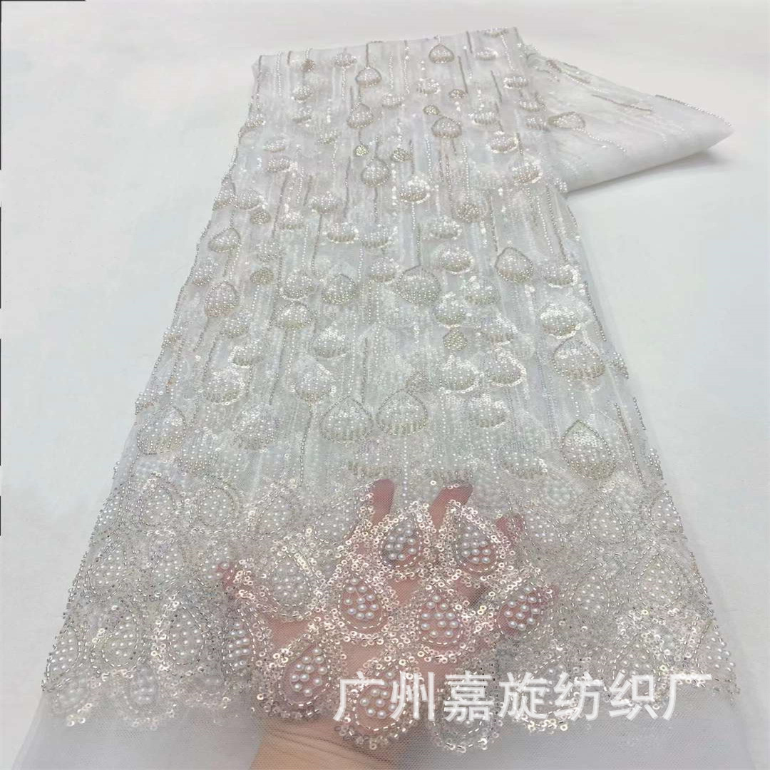 White Pearl Embellished Heavy Industry Beaded Tube Embroidered Lace Fabric French Wedding Dress Sequins dress Dress Veil Fabric