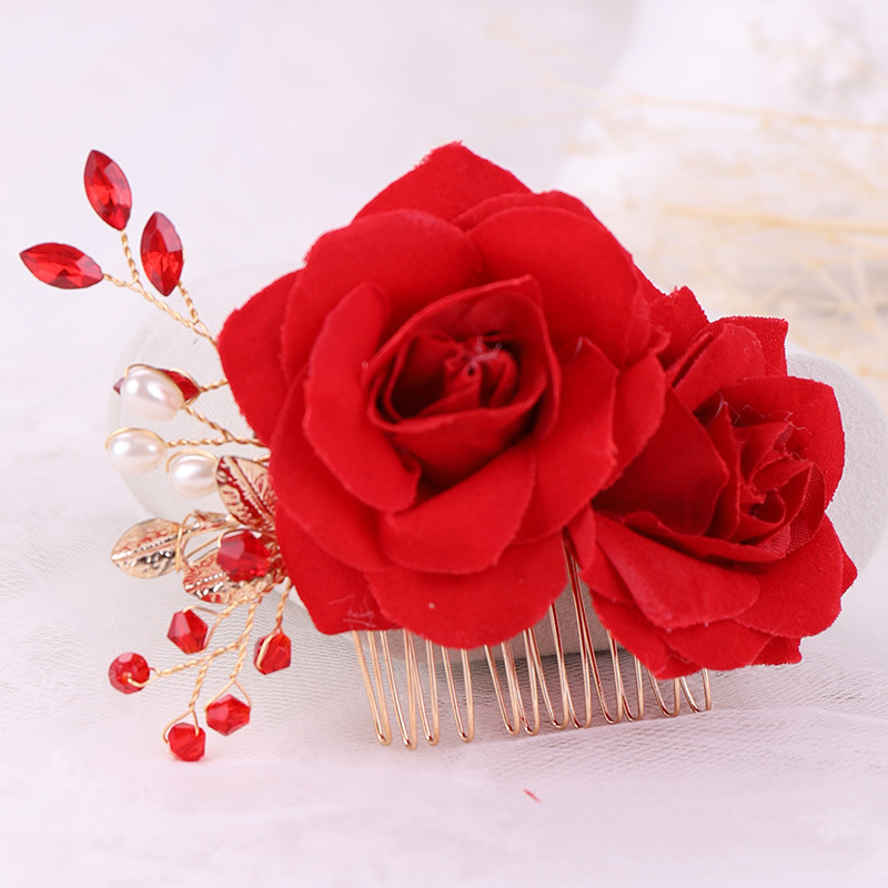 Picture of Bridal Headdress Red Flower Rhinestone Hair Comb Hand-Beaded Comb Head Flower Rose Toast Clothing Headdress Wholesale