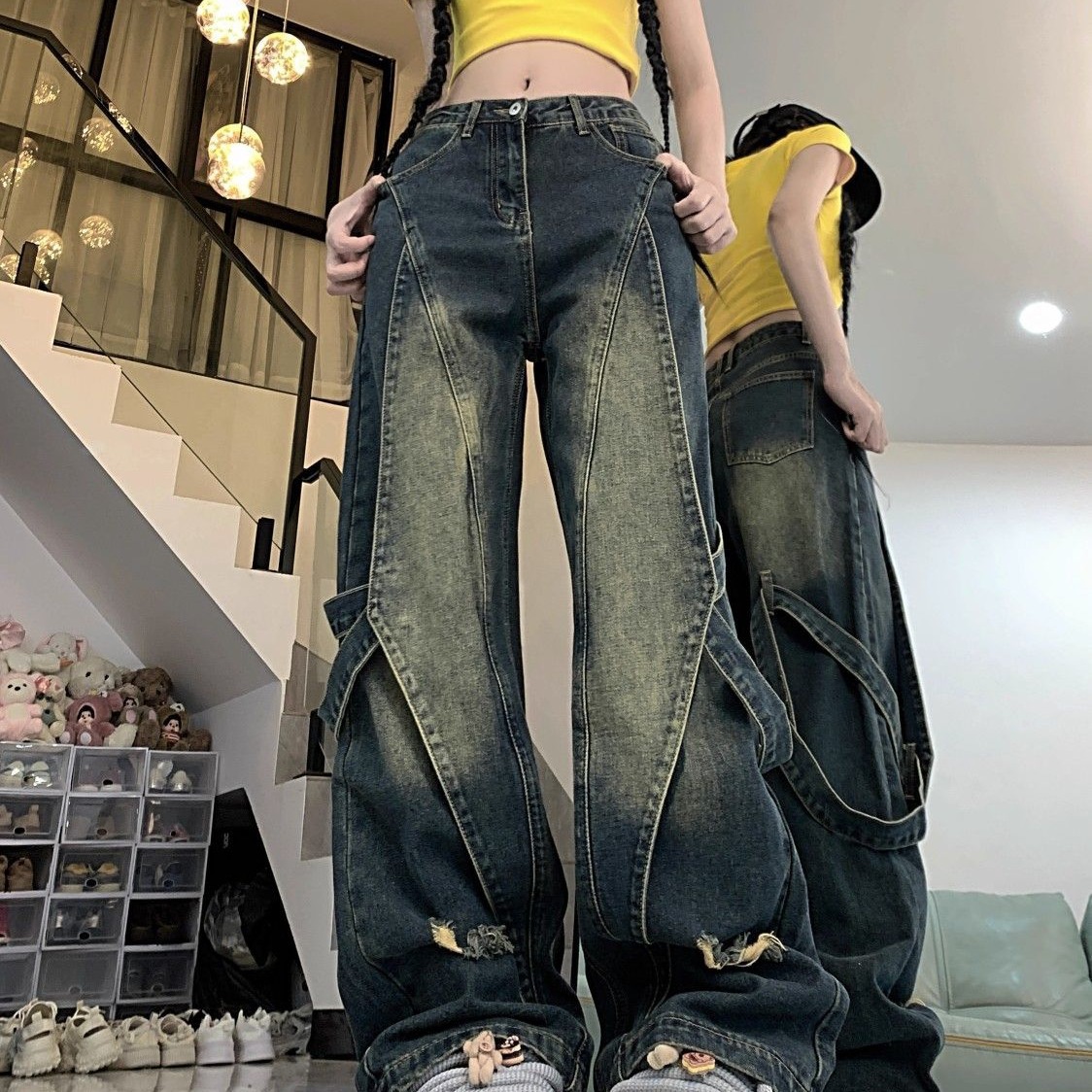 2024 New Style Heavy Industry Dressed Washed Yellow Mud Jeans Stitching Design Sense High Street Straight Leg Wide Leg Pants Trendy Men