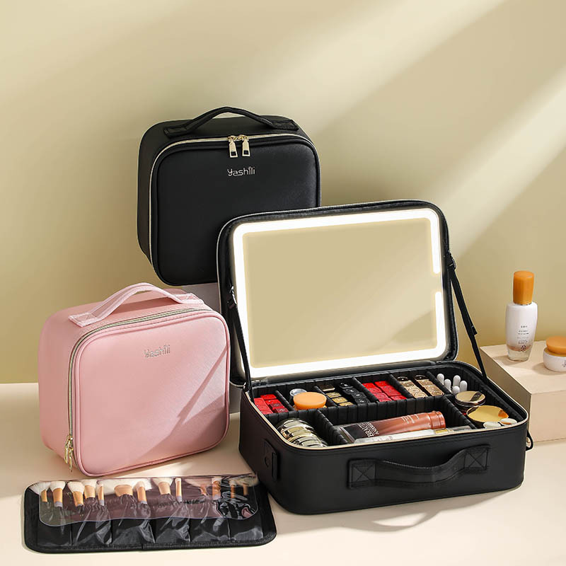 Cosmetic Bag with Led Lamp Mirror Skin Care Storage Bag Portable Makeup Large Capacity Cosmetic Storage Box Instagram