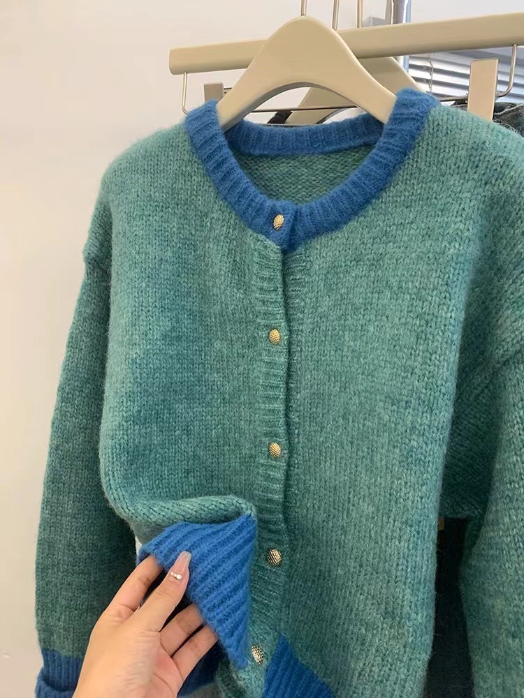 Picture of Blue Elegant Knitted Cardigan Sweater Jacket Women's Long-Sleeved Outer Top Design Niche Lazy High-End Sense